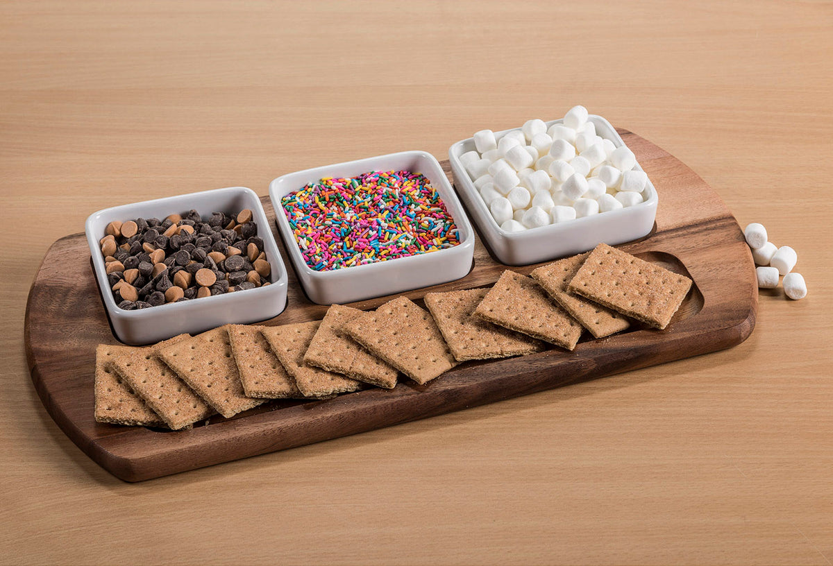 Charcuterie Board with 3 Square Ceramic Dishes 18" x 9"